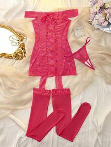 DelicateAllure 2pcs Lace Patchwork Criss-Cross Strap Off-Shoulder Sexy Lingerie Set: Nightgown + G-String - Hot Pink - View 2