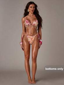 SHEIN BAE 1件装女士亮片拼接系带比基尼泳裤，连体串珠网纱流苏泳衣 - 粉色 - 查看 5