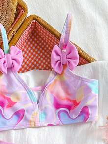 少女撞色蝴蝶结装饰细肩带比基尼泳装套装 - 彩色 - 查看 6