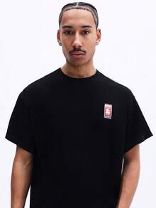SUMWON Men's Boxy Fit Short Sleeve Crew Neck T-Shirt With Full Back Typography Print And Chest Logo Detail For Casual Streetwear - Black - View 4
