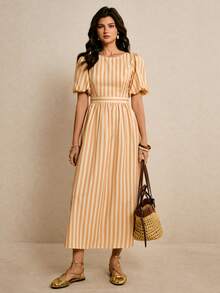 Poéselle Women's Orange And White Striped Puff-Sleeve Maxi Dress,Backless Tie-Bow Waist Elegant Summer Vacation Holiday Beach Sundress,Flowy A-Line Boho Outfit - Pale Yellow - View 6