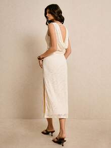 Poéselle 女士纯色露背无袖开衩优雅连衣裙 - 杏色 - 查看 8