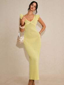 Poéselle New Slim-Fit Delicate French Style Knit Dress With Flutter Sleeves, Elegant & Intellectual, Light Yellow, Spring/Summer - Yellow - View 1