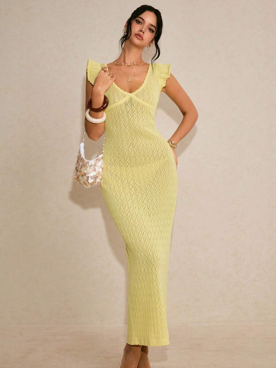 Poéselle New Slim-Fit Delicate French Style Knit Dress With Flutter Sleeves, Elegant & Intellectual, Light Yellow, Spring/Summer - Yellow - View 1