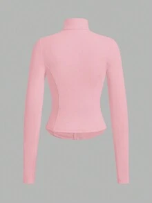 SHEIN EZwear 杏色针织修身女士长袖防晒外套，秋冬季款 - 粉色 - 查看 2