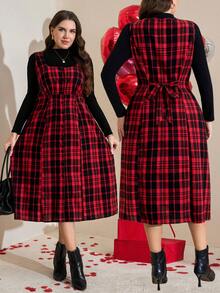 SHEIN LUNE 加大码春季女式红色格子纽扣前襟方领无袖优雅中长连衣裙，腰部系带，适合情人节穿着 - 彩色 - 查看 13