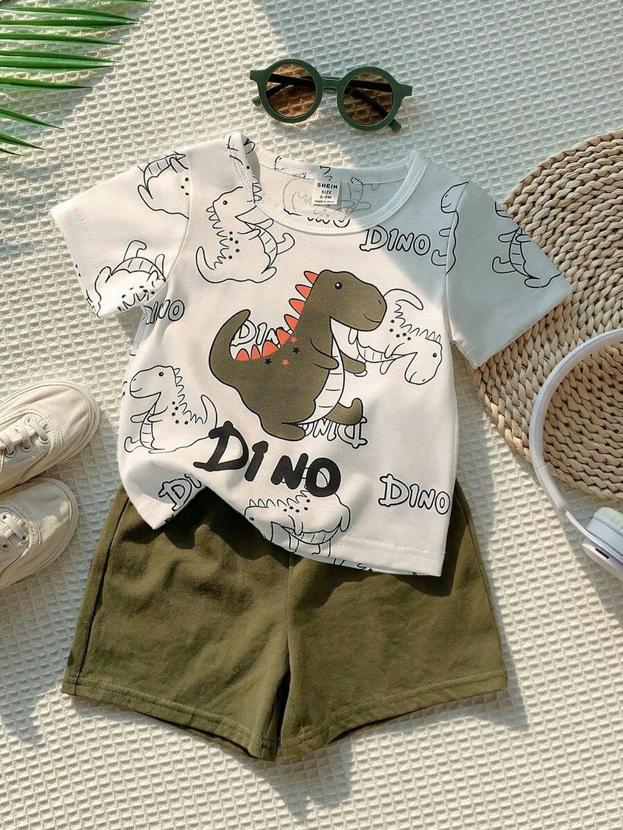 SHEIN Playful Pals 2件組 嬰幼兒男童白色夏季休閒可愛恐龍印花短袖上衣與短褲套裝 海灘度假出遊卡通套裝 - 綠色 - 查看 1