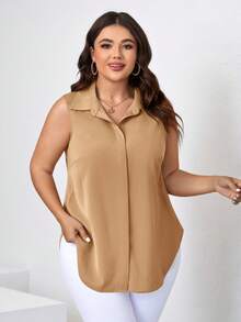 SHEIN Clasi 大码纯色简约无袖衬衫 - 駝色 - 查看 4