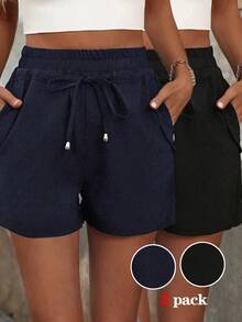SHEIN LUNE Women's Basic Drawstring Casual Shorts, 2-Piece Set, Spring/Summer - Multicolor - View 1