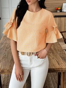 SHEIN LUNE 女士格子圆领蝴蝶结装饰休闲百搭日常衬衫 - 橘色 - 查看 5