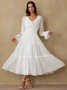 Revavyn Fashionable Layered Ruffle Collar White Bell Sleeve Dress, Palace Style - White - View 6