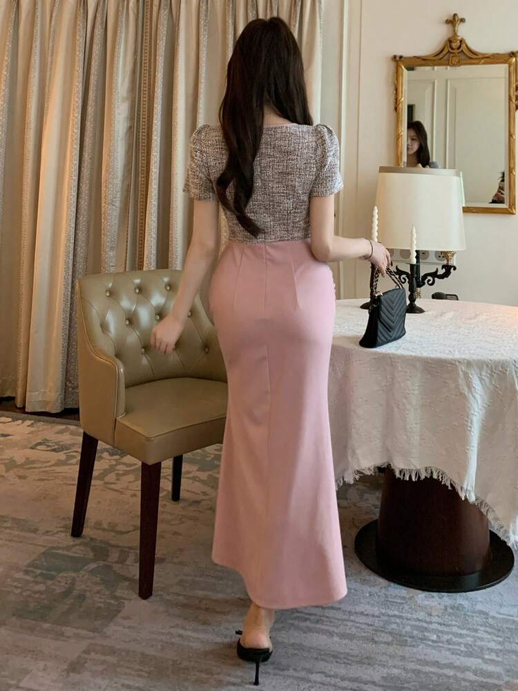 Women's Elegant Contrast Color Block Puff Sleeve Split Midi Dress, Summer,Wedding Guest Dress Women Sundress