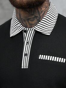 Manfinity CasualCool Men's Colorblock Striped Print Button Casual Short Sleeve Polo Shirt Golf Shirt For Men Mens Clothes Outfits Polo Shirt For Men Casual Polo Blouse For Men Retro Outfit For Men - Black - View 6
