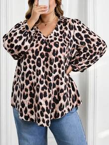 SHEIN CURVE+ 大码女装秋冬休闲宽松舒适V领黑色长袖衬衫，秋季女装，女式衬衫，大码上衣，复古风，黑色上衣，商务休闲女装，办公室女装，W码，教师衬衫，女士秋冬服装，冬季，大码 - 棕色 - 查看 7