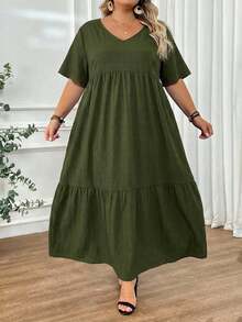 SHEIN CURVE+ Váy Maxi Đi Biển Cỡ Lớn Phong Cách Boho Mùa Hè/Đồng Quê/Trang Phục Kỳ Nghỉ Biển/Trang Phục Bãi Biển/Trang Phục Bãi Biển - Màu xanh lá cây đậm - Xem 4