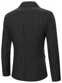 Manfinity Mode 男士做旧条纹长袖西装套装，商务绅士套装，男士经典款，适合日常休闲、周末旅行、户外活动、探险旅行、轻松的工作环境或半正式场合，可作为男友/丈夫礼物、周年纪念/生日礼物、派对、夏季假期、婚礼、春夏、复活节等场合穿着。另有男士优雅黑色细条纹西装，配披肩领和马甲，适合正式场合穿着。男士细条纹西装，男士礼服套装，男士黑色西装。 - 黑色 - 查看 4