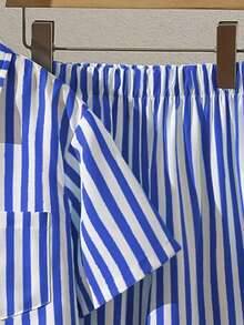 SHEIN Tween Girls' Casual Striped Shirt & Pants T-Shirt Set, Suitable For Vacation, Outing, School, Style - Blue - View 5