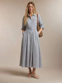 BizChic Striped Print Belted Asymmetric Pocket Long Sleeve Dress - Blue - View 2