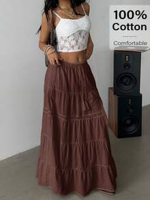 Siren Gaze 2025 波西米亚风沙滩裙 - 高开衩亚麻混纺多层长裙，松紧腰带，蕾丝边饰，音乐节必备及度假穿搭 | 夏季A字裙套装，女士夏季穿搭，女士度假穿搭，女士沙滩装，棉质半身裙，波西米亚风半身裙，多层长裙，长裙，波西米亚风长裙，夏季长裙，女士半身裙，女士度假套装，棉质女装，波西米亚风套装，女士夏季穿搭，女士两件套休闲装 - 棕色 - 查看 3