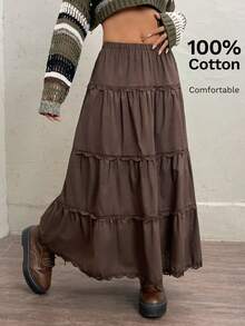 SHEIN EZwear Solid Ruffle Hem Lace Trim Skirt - Chocolate Brown - View 9
