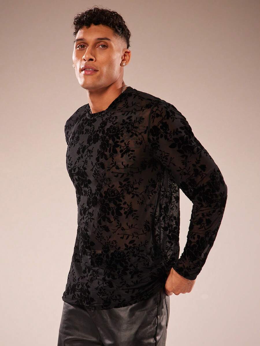 FeverCity 男士时尚优雅长袖圆领植绒T恤 - 黑色 - 查看 1