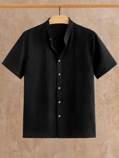 HIMLAND Men's Casual Linen-Like Black Short Sleeve Shirt, Suitable For Daily Commute