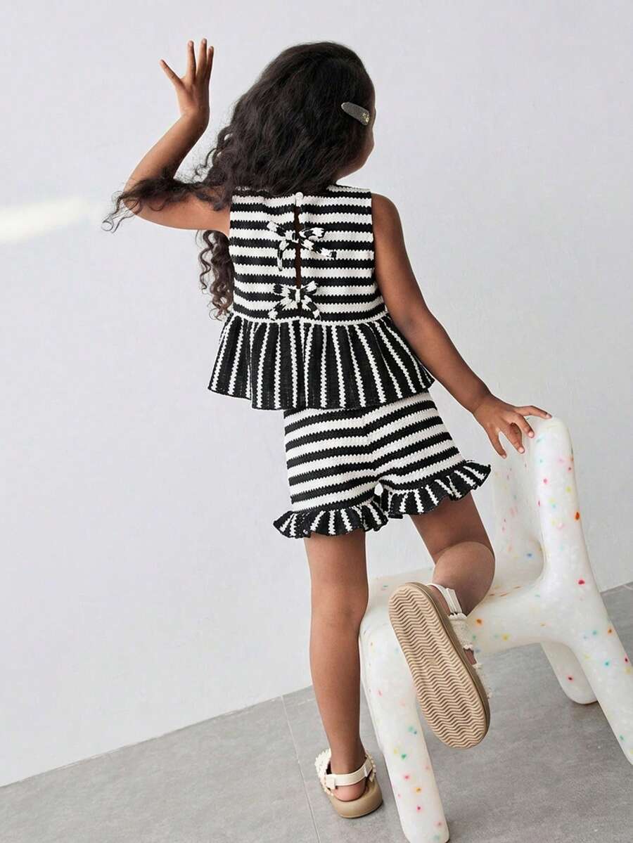 Maija Kids 2pcs/Set Young Girl Striped Vest And Shorts Set - Black and White - View 1
