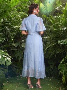 Modelyn Collared Waist Drawstring Puff Sleeve Blue Embroidered Dress - Blue - View 5