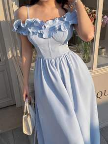 Feyla New Arrival Spaghetti Strap Off-Shoulder Pleated Romantic Ruffle Waist Elegant A-Line Cocktail Party Dress - Blue - View 1