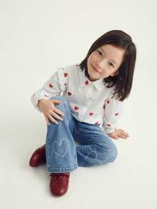 Maija Kids Heart Print Frill Trim Casual Long Sleeve Blouse - Red and White - View 9