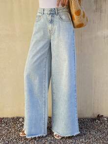 DAZY 女士常规款中腰毛边宽松直筒休闲牛仔裤 - 淺色水洗藍 - 查看 5