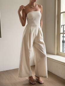 DAZY 女士宽松腰部褶皱连体裤 - 杏色 - 查看 6