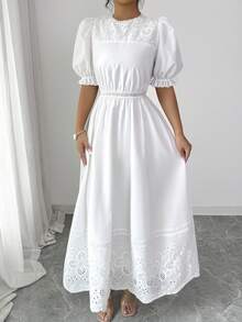 Modelyn 女士简约纯色镂空刺绣圆领短袖连衣裙 - 白色 - 查看 7