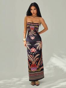 SHEIN PETITE Women's Tropical Plant Print Fitted Camisole Dress, Suitable For Vacation, Back To School, Casual, Office, And Date Wear - Multicolor - View 4