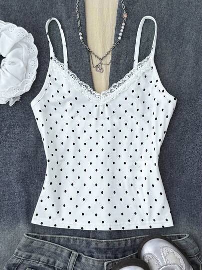 SHEIN Teen Girls' White Polka Dot Print Lace Trim Camisole Casual Cute Layering Tank Top, Spring/Summer
