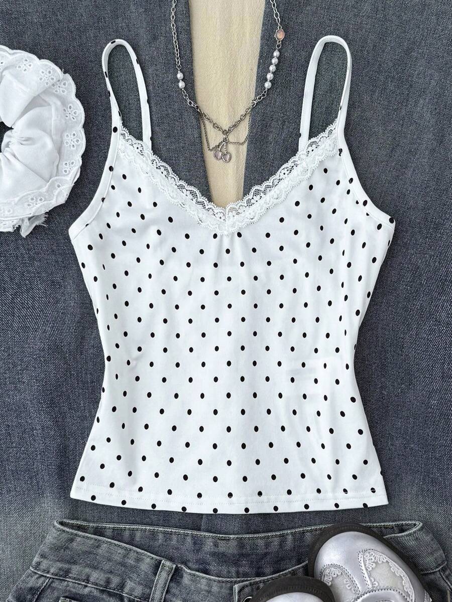 SHEIN 少女白色波点蕾丝边吊带背心，休闲可爱叠穿背心，春夏款 - 白色 - 查看 1