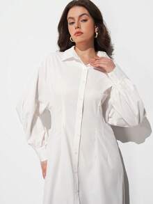 Maija Plus Size Women's Silky White Shirt Collar Long Puff Sleeve Cinched Waist Flared Hem Dress,Autumn Smart Casual Everyday Urban Business Modest Outfits - White - View 6