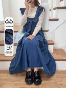 FRIFUL Women's Knotted Frill Trim Denim Dress - Blue - View 6