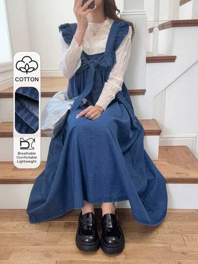 FRIFUL 女士打结荷叶边牛仔连衣裙