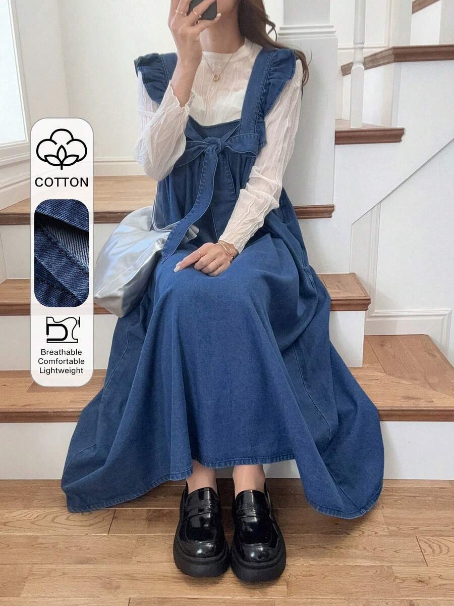 FRIFUL Vestido de mezclilla con volantes y nudos para mujer - Azul - Ver 1