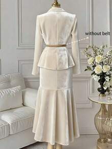 GlowEve Women's Elegant Solid Color Versatile Velvet Blazer And Mermaid Hem Skirt 2 Pieces Set, Autumn - Apricot - View 2