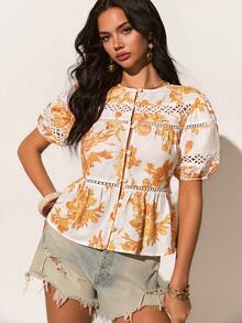 Poéselle Women's Vintage Floral Puff Sleeve Peplum Blouse With Lace Insets,Button-Front Cottagecore Top,Orange And White,Summer,Boho,Vacation,Holiday Resort - Multicolor - View 5