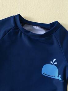 男女宝宝两件套可爱鲸鱼图案蓝色格子泳衣，防晒泳装，适合海滩度假游泳 - 藏蓝色 - 查看 5