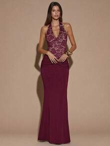 SHEIN BAE Đầm đen không tay ren cổ chữ V sâu, hở lưng gợi cảm, kiểu đuôi cá thanh lịch dành cho nữ, thích hợp cho đám cưới, phù dâu, khách dự đám cưới, tiệc cocktail, hẹn hò lãng mạn, họp mặt, sự kiện trang trọng. - Màu Đỏ Sâu - Xem 3