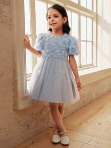 SHEIN Glamorique Kids 女童刺绣仿珍珠网纱纯色短袖连衣裙 - 藍色 - 查看 7