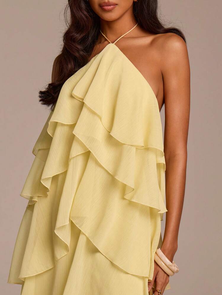 Halter Neck Ruffle Hem Butter Yellow Dress, Casual Vacation Party Halter Neck Long Dress, Wedding Guest Solid Halter Tiered Chiffon Maxi Dress, Asymmetric Ruffle Hem Halter Dress, Butter Yellow Date Dress, Romantic Date & Valentine's Day Dress, Maxi Dress, Midi Dress, Spring And Summer Dress, Wedding Guest Dress - Light Yellow - View 5