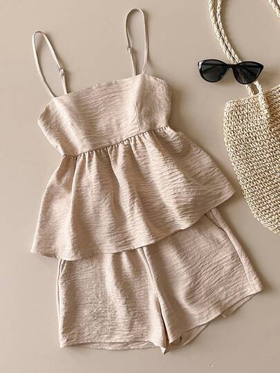 Muvela Khaki Crinkle Fabric Adjustable Spaghetti Strap Ruched Back Camisole And Elastic Waist Shorts Set, Casual Sweet Girl Style, Versatile For Daily, Gathering, Dating, Elegant Vintage