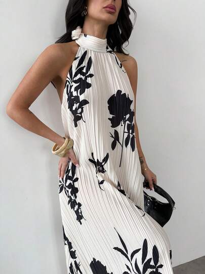 Firerie Women's Elegant Minimalist Delicate Romantic Vacation Date Holiday Party Halter Tie Floral Print Pleated Fabric Backless Asymmetric Hem Loose A-Line Maxi Dress