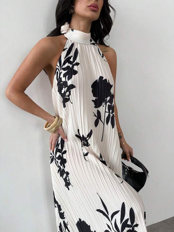 Firerie 女士优雅简约精致浪漫度假约会节日派对露背系带印花褶皱面料不对称下摆宽松A字长裙