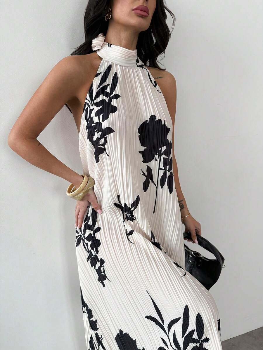 Firerie Women's Elegant Minimalist Delicate Romantic Vacation Date Holiday Party Halter Tie Floral Print Pleated Fabric Backless Asymmetric Hem Loose A-Line Maxi Dress - Apricot - View 1